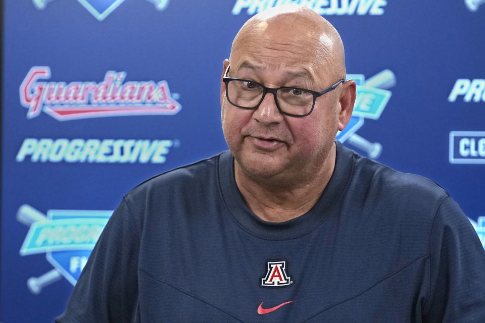 Cleveland Guardians manager Terry Francona discusses his decision to step away from baseball during a news conference Tuesday, Oct. 3, 2023, in Cleveland. (AP Photo/Sue Ogrocki)