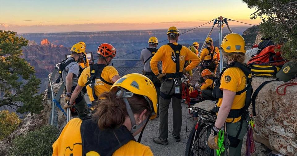 Search and rescue teams set up a rope rescue and hoisted a boy who’d fallen 100 feet over the edge of the Grand Canyon back up to the North Rim. Lauren Cisneros/Grand Canyon Conservancy Photo