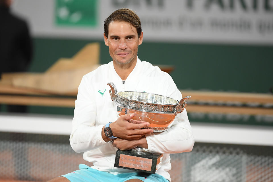 Rafael Nadal of Spain after the match at the award ceremony at Roland Garros on October 11, 2020 in Paris, France.