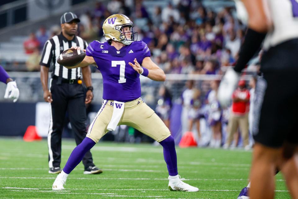 Aug 31, 2024; Seattle, Washington, USA; Washington Huskies quarterback Will Rogers (7) passes against the Weber State Wildcats during the third quarter at Alaska Airlines Field at Husky Stadium. Mandatory Credit: Joe Nicholson-USA TODAY Sports