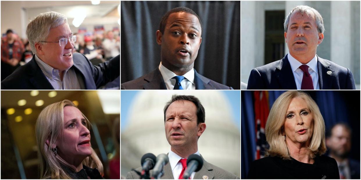 Republican attorneys general are ready to challenge Joe Biden in court. Clockwise from top left: Patrick Morrisey, Daniel Cameron, Ken Paxton, Lynn Fitch, Jeff Landry, and Leslie Rutledge.