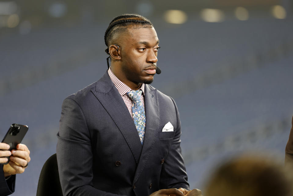 FOXBOROUGH, MA - OCTOBER 24: ESPNs Monday Night Countdowns Robert Griffin III before a game between the New England Patriots and the Chicago Bears on October 24, 2022, at Gillette Stadium in Foxborough, Massachusetts. (Photo by Fred Kfoury III/Icon Sportswire via Getty Images)