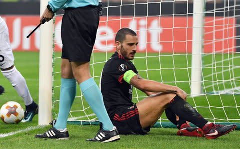 Leonardo Bonucci sits on the pitch after failing to stop a shot by Austria Wien's Christoph Monschein and score an own goal  - Credit: Daniel Dal Zennaro/ANSA via AP