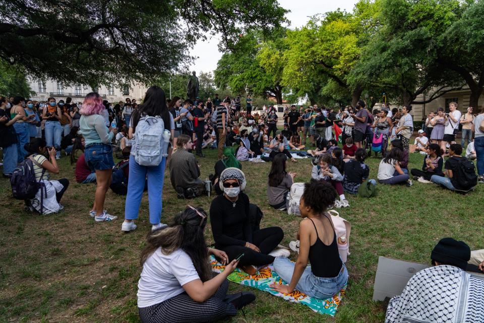 Protesters gather at a pro-Palestinian protest at the University of Texas Wednesday April 24, 2024.