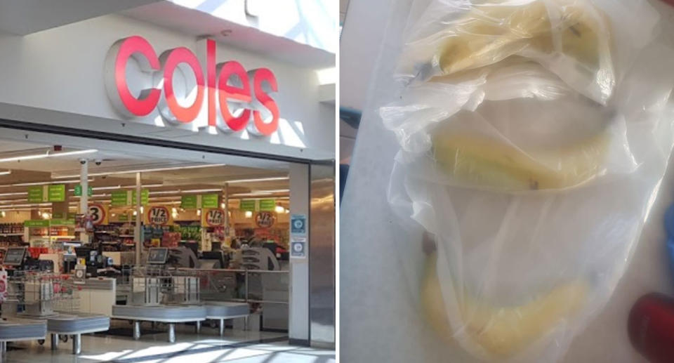 Coles Gawler, South Australia, and bananas individually wrapped in plastic bags.