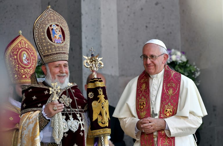 Pope Francis and Catholicos of All Armenians Karekin II attend the Divine Liturgy at the Apostolic Cathedral in Etchmiadzin, outside Yerevan, on June 26, 2016