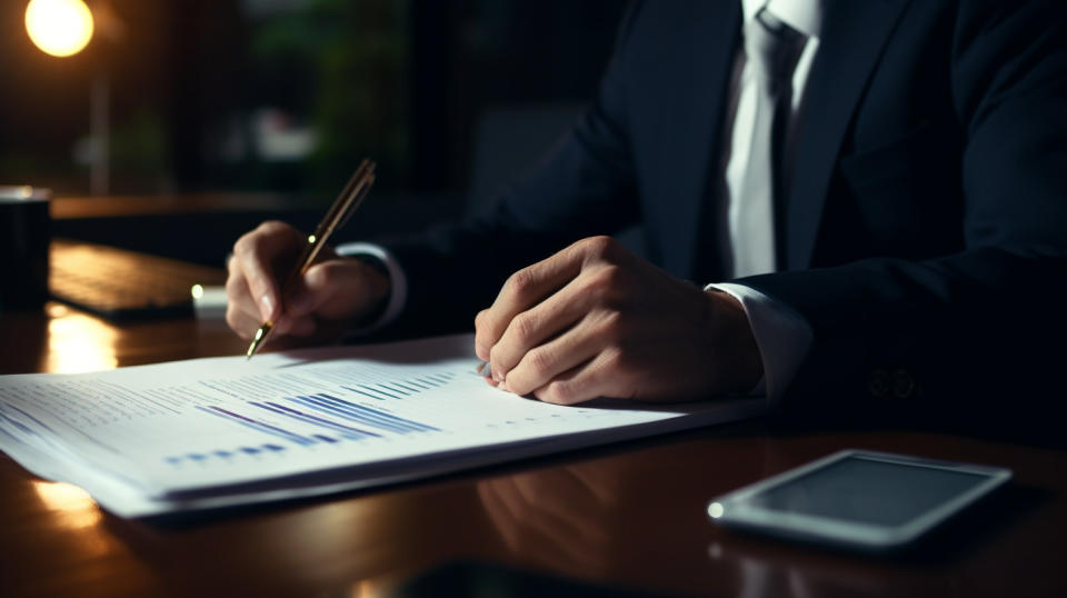 A close-up of an accountant in a suit, examining a financial report.