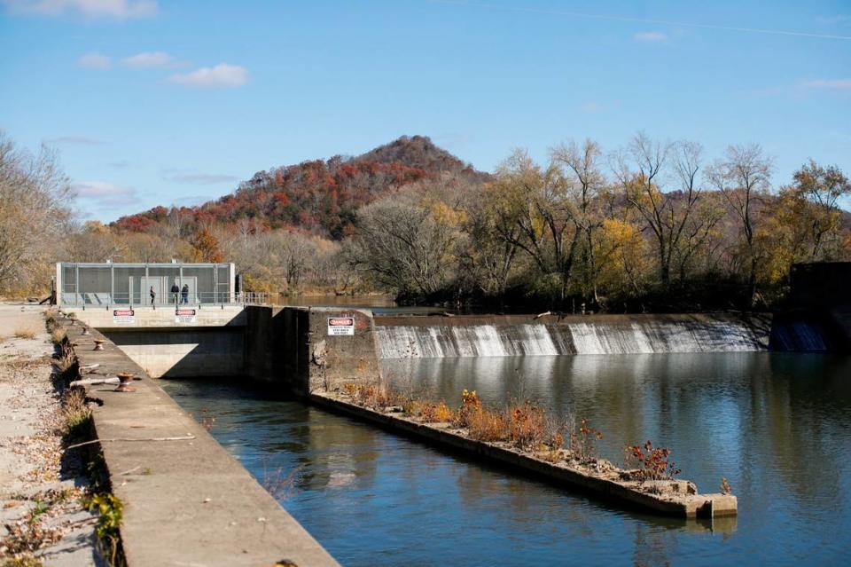 Lock and dam No. 12 have been renovated by Berea College which is one of the first higher education institution in the nation to complete construction of a hydroelectric generating plant in Ravenna, Ky., Monday, November 15, 2021. David Brown Kinloch, president of Appalachian Hydro Associates, which built the plant in on the site that had been abandoned since the early 1990s.