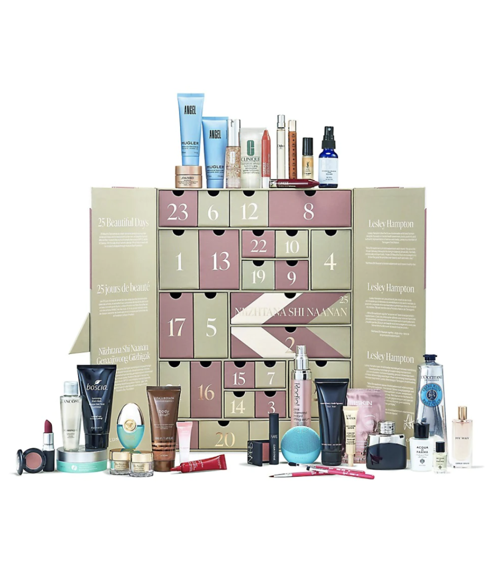 Lesley Hampton x The Bay Holiday Beauty Calendar with beauty products and green and pink box