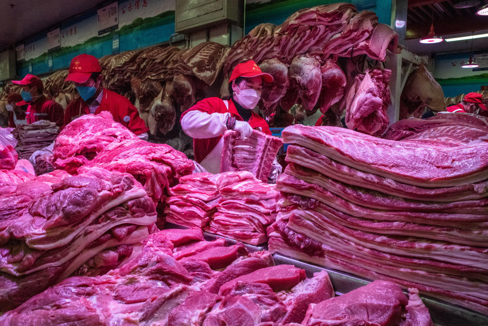 Pork for sale at a wholesale market in Beijing, China, in January. Source: Getty