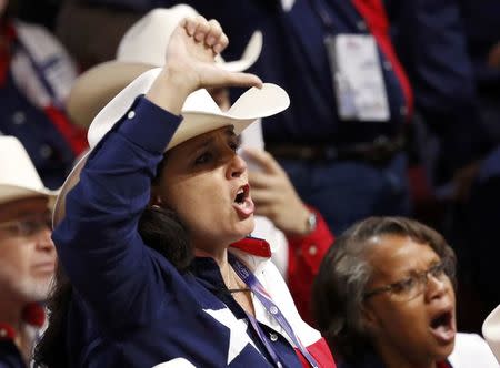 A Texas delegate yells after the temporary chairman of the Republican National Convention announced that the convention would not hold a roll-call vote on the Rules Committee's report and rules changes and rejected the efforts of anti-Trump forces to hold such a vote at the Republican National Convention in Cleveland, Ohio, U.S. July 18, 2016. REUTERS/Jim Young