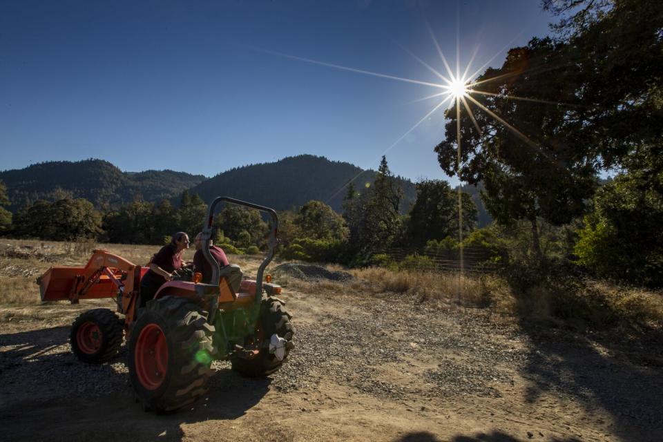 Partners Wendy Kornberg, left, and James Beurer, right, lean in for a kiss on their Sunnabis farm.