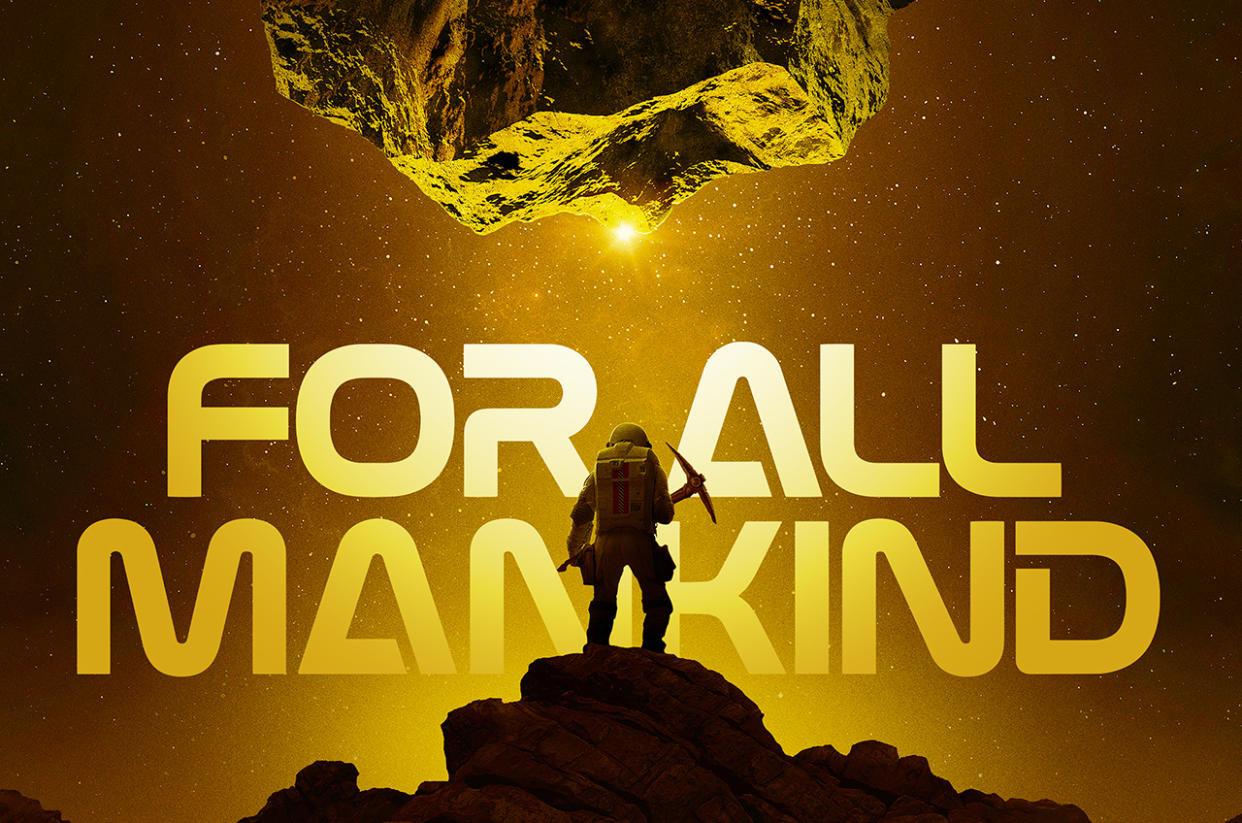  Illustration of an astronaut standing on an asteroid with a pickaxe, with the words "for all mankind" in gold in the background. 