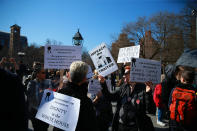 <p>Protesters shout slogans and hold up signs during the “Mock Funeral for Presidents’ Day” rally at Washington Square Park in New York City on Feb. 18, 2017. (Gordon Donovan/Yahoo News) </p>