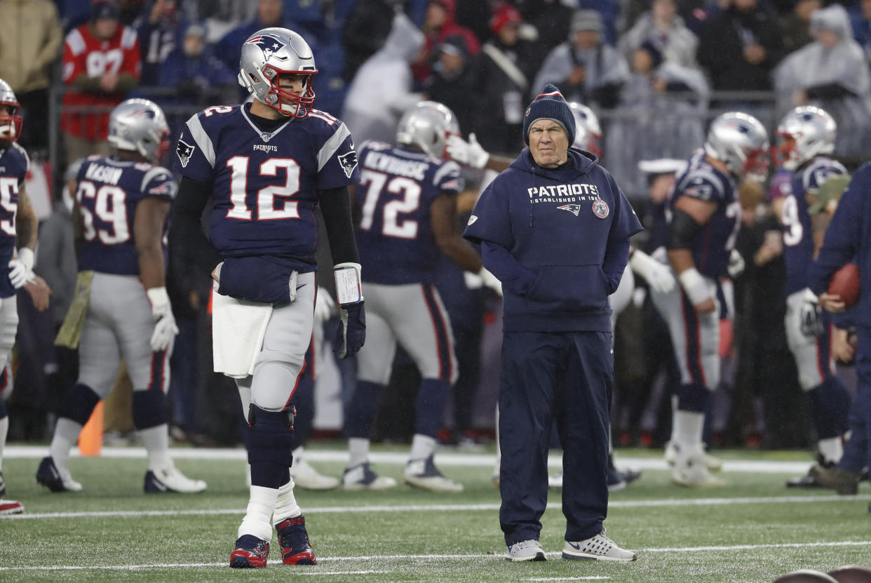 New England Patriots quarterback Tom Brady and head coach Bill Belichick before a game against the Dallas Cowboys on Nov. 24, 2019. (Photo by Fred Kfoury III/Icon Sportswire via Getty Images)