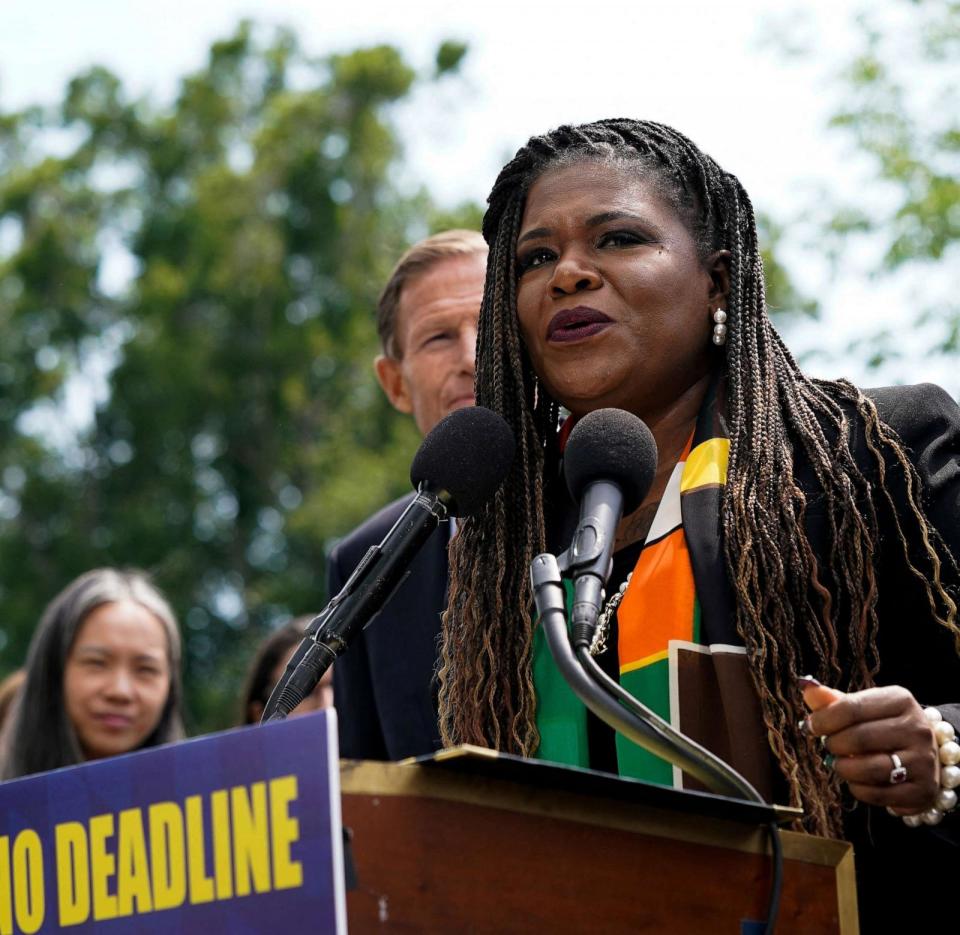 PHOTO: In this Apri l27, 2023, file photo, Representative Cori Bush speaks during a news conference at the U.S. Capitol in Washington, D.C. (Elizabeth Frantz/Reuters, FILE)