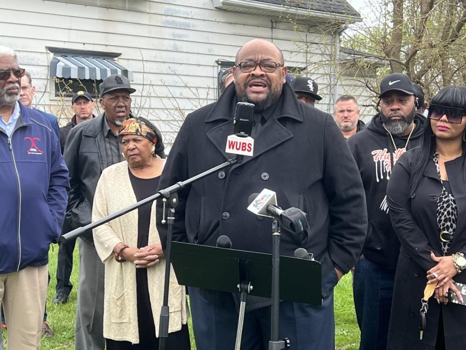 Outreach Director Mychael Winston of the city's Group Violence Intervention initiative speaks at a press conference April 21 in reaction to the April 20 shooting death of 11-year-old South Bend resident T'yon Horston.