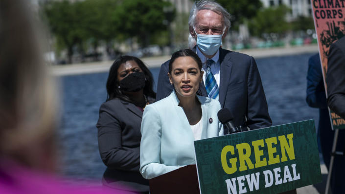 Rep. Alexandria Ocasio-Cortez (D-NY) speaks during a news conference held to re-introduce the Green New Deal at the West Front of the U.S. Capitol on April 20, 2021 in Washington, DC. (Sarah Silbiger/Getty Images)