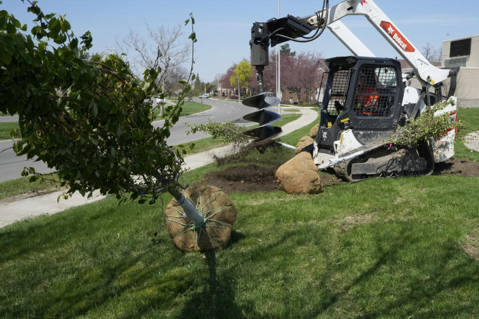 A hole is dug for a series of trees at the Coleman Young Community Center, Friday, April 14, 2023, in Detroit. A historic amount of money is being spent on urban tree planting and maintenance in underserved, often concrete-covered neighborhoods across the country. President Joe Biden's Inflation Reduction Act includes $1.5 billion in grants over the next decade for urban trees while there's also money for projects included in Biden's infrastructure law and the American Rescue Plan Act. (AP Photo/Carlos Osorio)