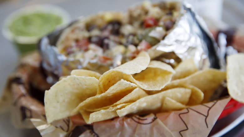 Chipotle burrito and chips 