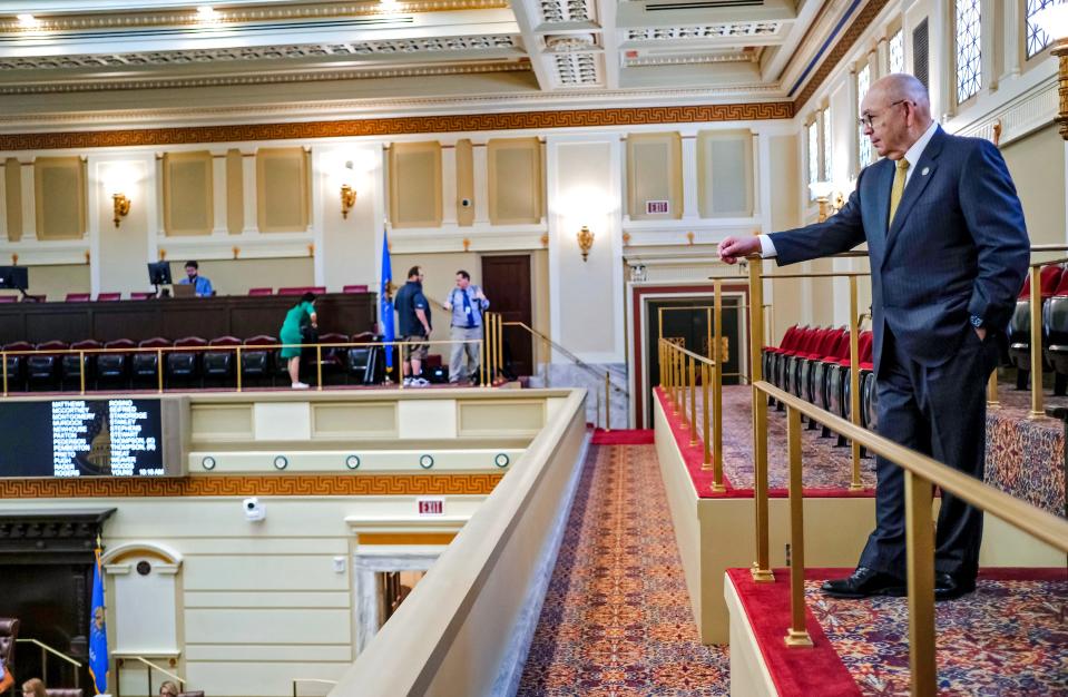 Chickasaw Nation Gov. Bill Anoatubby looks down on the Senate floor Monday after lawmakers adjourned a special session of the Oklahoma Senate, which voted to extend tribal compacts and override a Gov. Kevin Stitt veto.