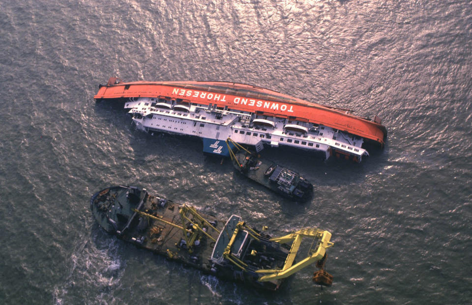 ZEEBRUGGE , BELGIUM - MARCH 7, 1987: (FILE PHOTO)  The wreck of the MS Herald of Free Enterprise on March 7, 1987 in Zeebrugge,Belgium. 193 passengers and crew perished when Townsend Thoresen's roll-on roll-off ferry MS Herald Of Free Enterprise capsized in the English Channel within minutes of leaving the Belgian port of Zeebrugge due to the bow doors of the vehicle deck being left open. (Photo by Photonews via Getty Images)