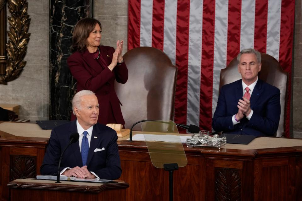 President Joe Biden speaks during the State of the Union address from the House chamber of the United States Capitol in Washington. Vice President Kamala Harris and then Speaker of the House Kevin McCarthy are at rear. President Biden will deliver the final State of the Union Adress of his term Thursday.