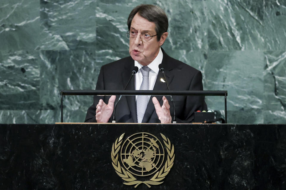 President of Cyprus Nicos Anastasiades addresses the 77th session of the United Nations General Assembly, Friday, Sept. 23, 2022, at the U.N. headquarters. (AP Photo/Julia Nikhinson)