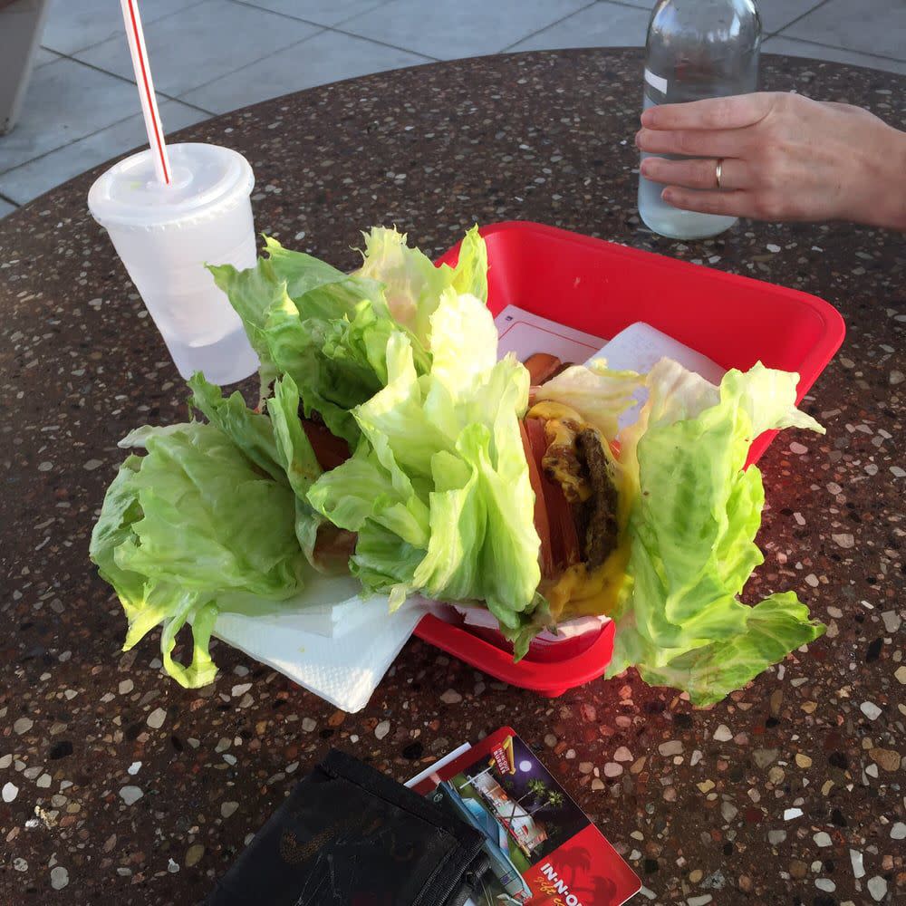 Protein-Style Burger from In-N-Out. Cheeseburger patties wrapped in lettuce.