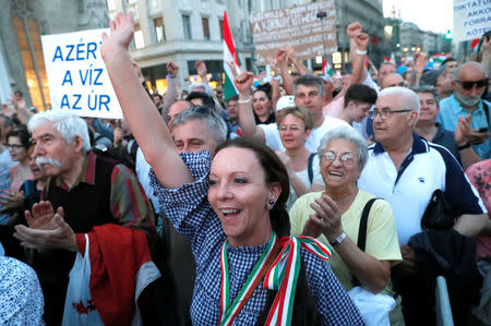 People attend a protest against the government of Prime Minister Viktor Orban in Budapest, Hungary, April 21, 2018. REUTERS/Bernadett Szabo