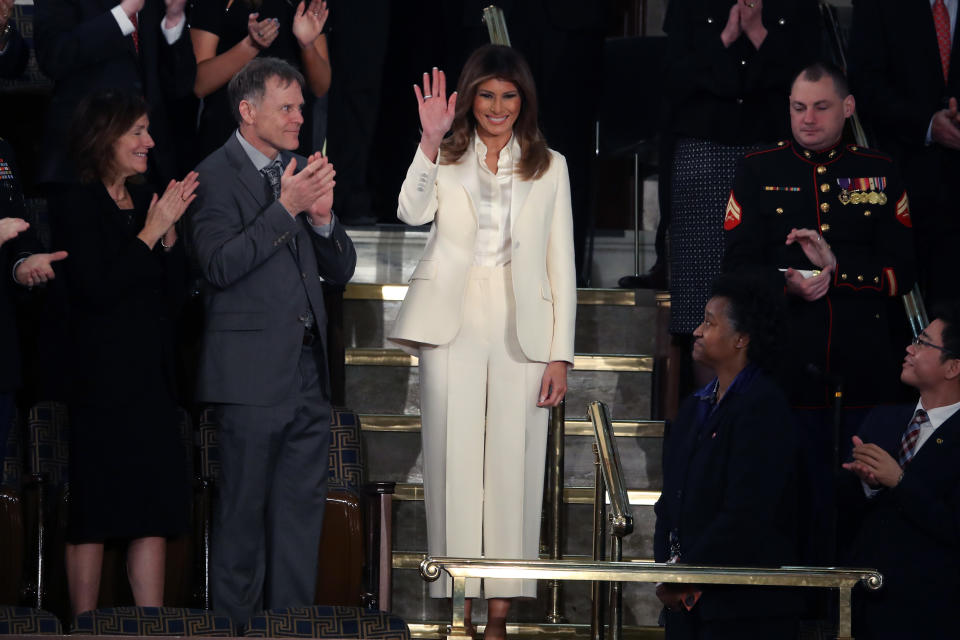 Melania Trump wearing the Dior suit during the State of the Union address in January 30, 2018 [Photo: Getty]