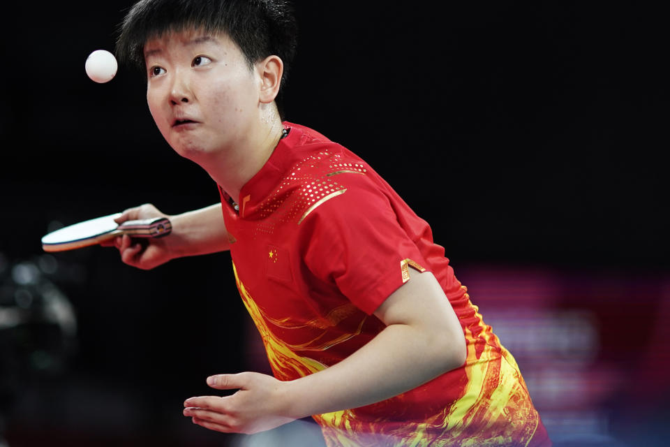 China's Sun Yingsha serves against countrywoman Chen Meng during the gold medal match of the table tennis women's singles at the 2020 Summer Olympics, Thursday, July 29, 2021, in Tokyo. (AP Photo/David Goldman)