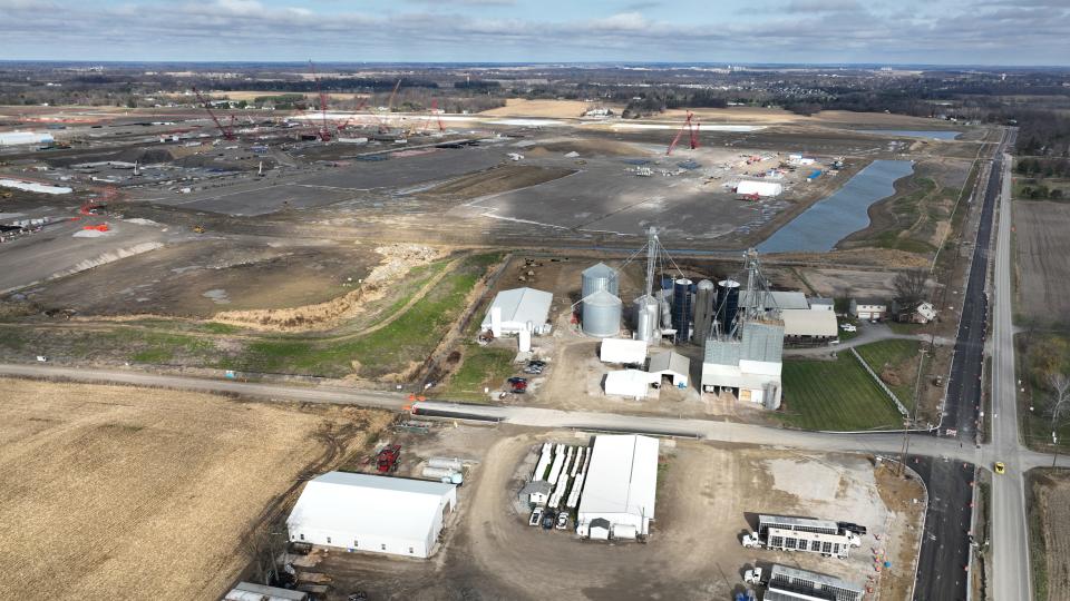 With Heimerl Farms in the foreground, work continues on the massive Intel computer chip manufacturing facility being built in New Albany.