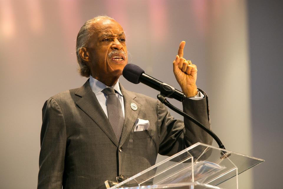 The Rev. Al Sharpton speaks during the funeral service for Alvin Motley Jr. at Freedom Baptist Church Wednesday, Aug. 18, 2021, in Hillside, Ill. Gregory Livingston, a white security guard, is accused of shooting and killing Motley Jr., a 48-year-old Black man from Chicago, on August 7, at Kroger Fuel Center, in Memphis, Tenn.