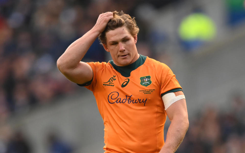 Seen here, a frustrated Michael Hooper looks on during the Wallabies' Test defeat against Scotland. 