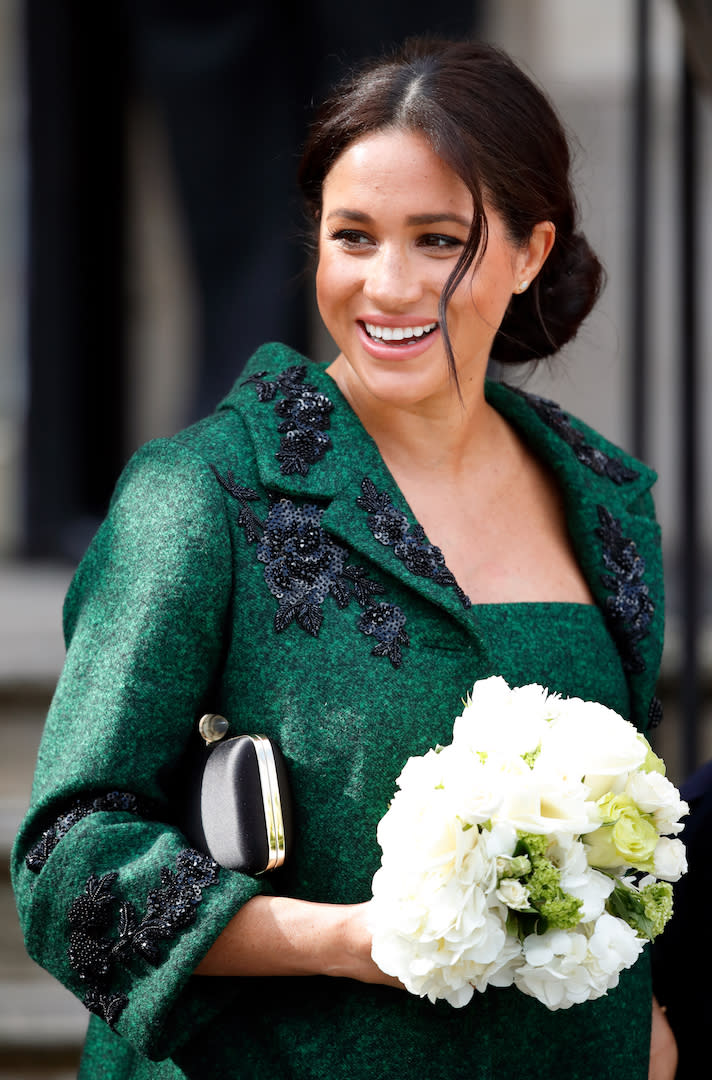 For a Commonwealth Day Youth Event at Canada House on March 11, 2019 the Duchess of Sussex opted for more polished tendrils [Photo: Getty]