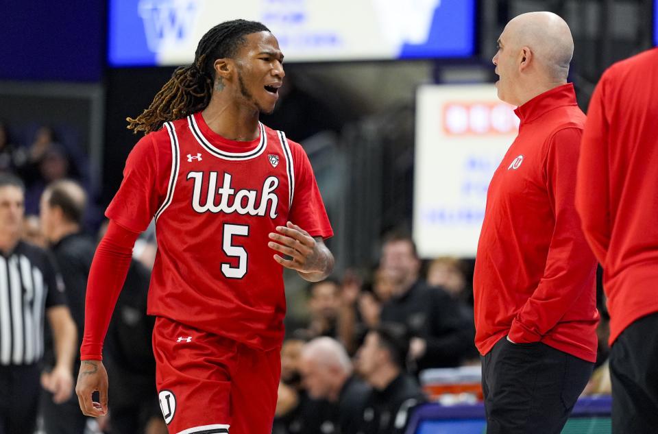 Utah guard Deivon Smith (5) reacts after being called for a technical foul, next to coach Craig Smith during the first half of the team’s NCAA college basketball game against Washington, Saturday, Jan. 27, 2024, in Seattle. | Lindsey Wasson, Associated Press