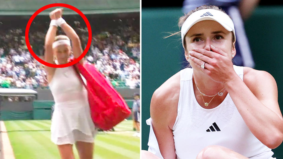 Victoria Azarenka (L) gestured to fans after being booed off court in the wake of her Wimbledon defeat to Elina Svitolina. Pic: Stan Sport/Getty