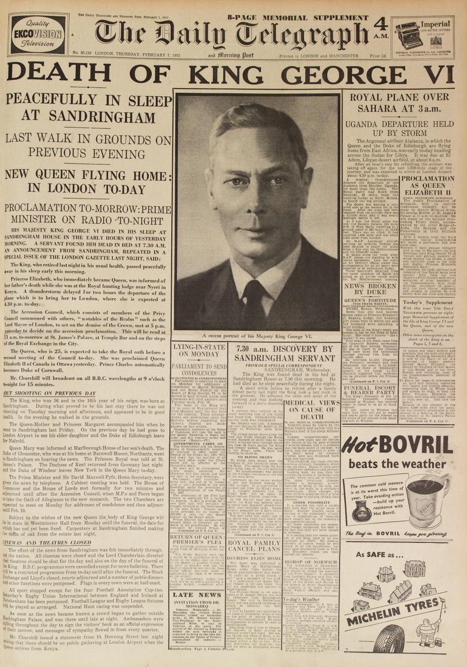 Feb 7, 1952: The Telegraph front page after King George VI’s death