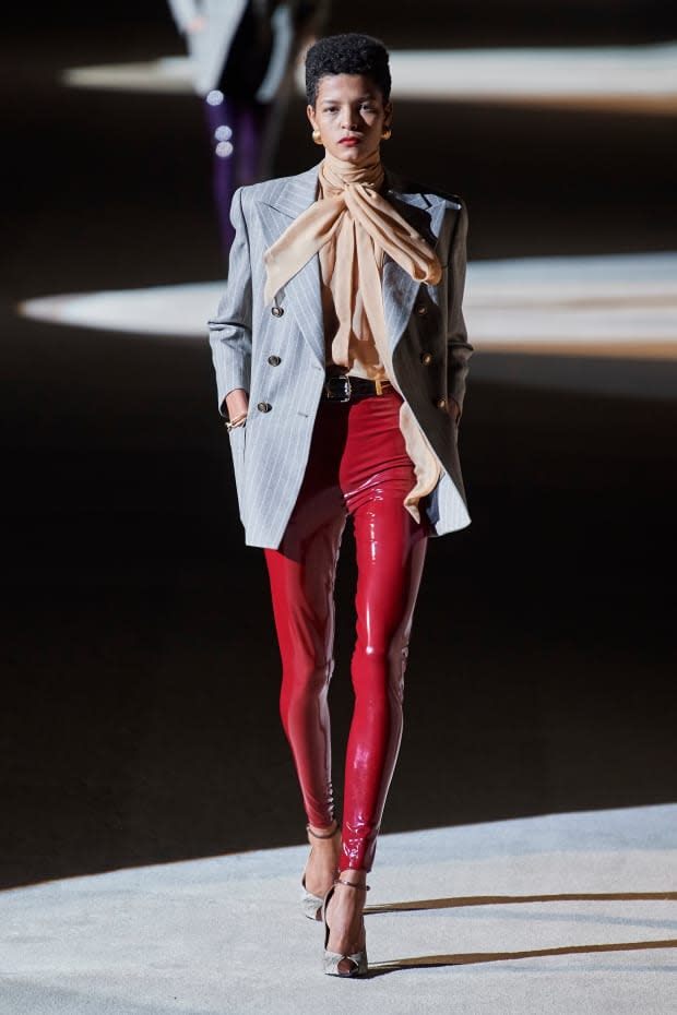 <p>A look from Saint Laurent's Fall 2020 collection. Photo: Imaxtree</p>