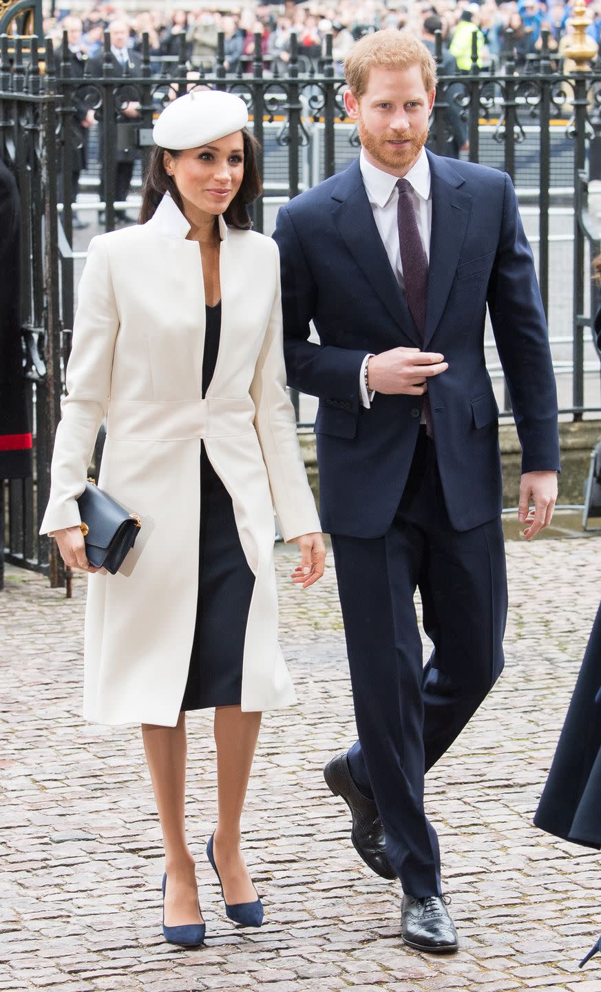 Harry and Meghan arrive at Westminster Abbey for the royal family's Commonwealth Day celebration.