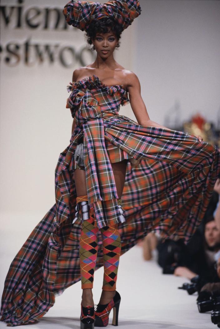Naomi Campbell models a Vivienne Westwood design in 1994.