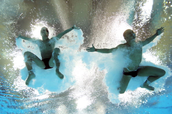 LONDON, ENGLAND - JULY 30: Jose Antonio Guerra and Jeinkler Aguirre of Cuba during the Men's Synchronised 10m Platform Diving on Day 3 of the London 2012 Olympic Games at the Aquatics Centre on July 30, 2012 in London, England. (Photo by Adam Pretty/Getty Images)