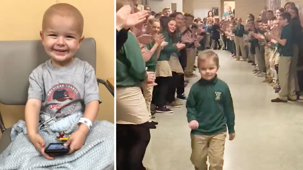 John Oliver, 6, received a hero's welcome from classmates after completing chemo