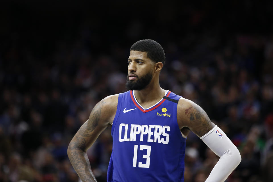 Los Angeles Clippers' Paul George plays during an NBA basketball game against the Philadelphia 76ers, Tuesday, Feb. 11, 2020, in Philadelphia. (AP Photo/Matt Slocum)