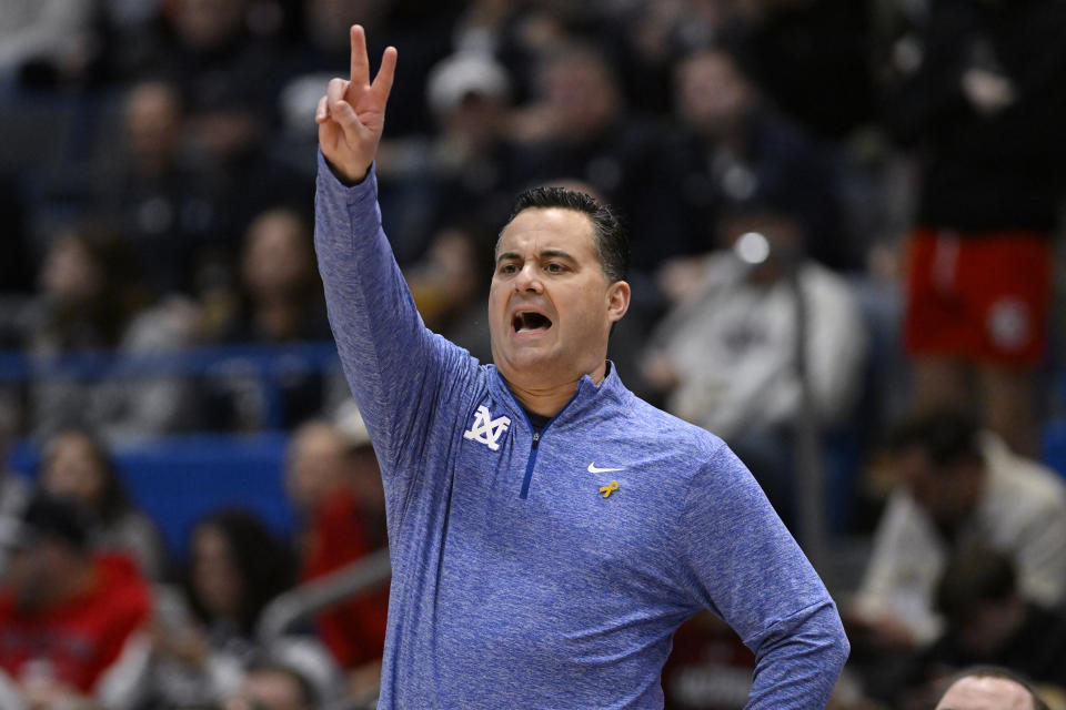 Xavier head coach Sean Miller gestures in the first half of an NCAA college basketball game against UConn, Sunday, Jan. 28, 2024, in Hartford, Conn. (AP Photo/Jessica Hill)