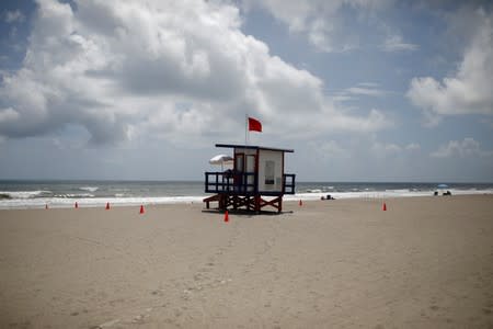 A lifeguard station is seen ahead of the arrival of Hurricane Dorian in Cocoa Beach