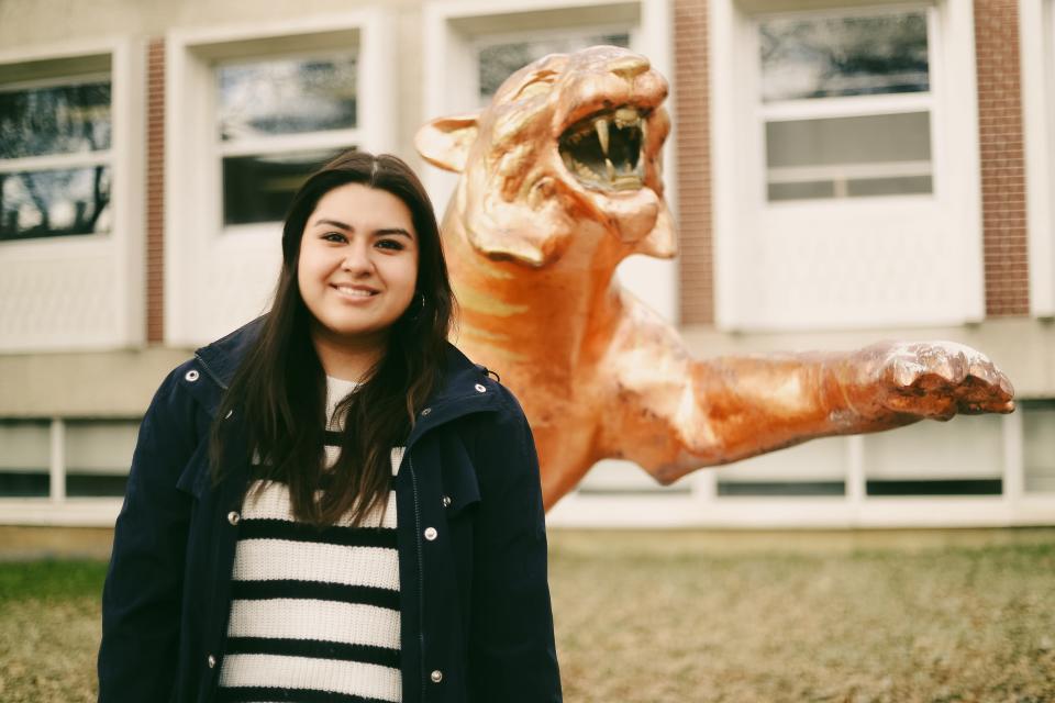 First generation college student Amairani Solis poses for a portrait on campus on Friday, March 15, 2024 at the University of Memphis in Memphis, Tenn.