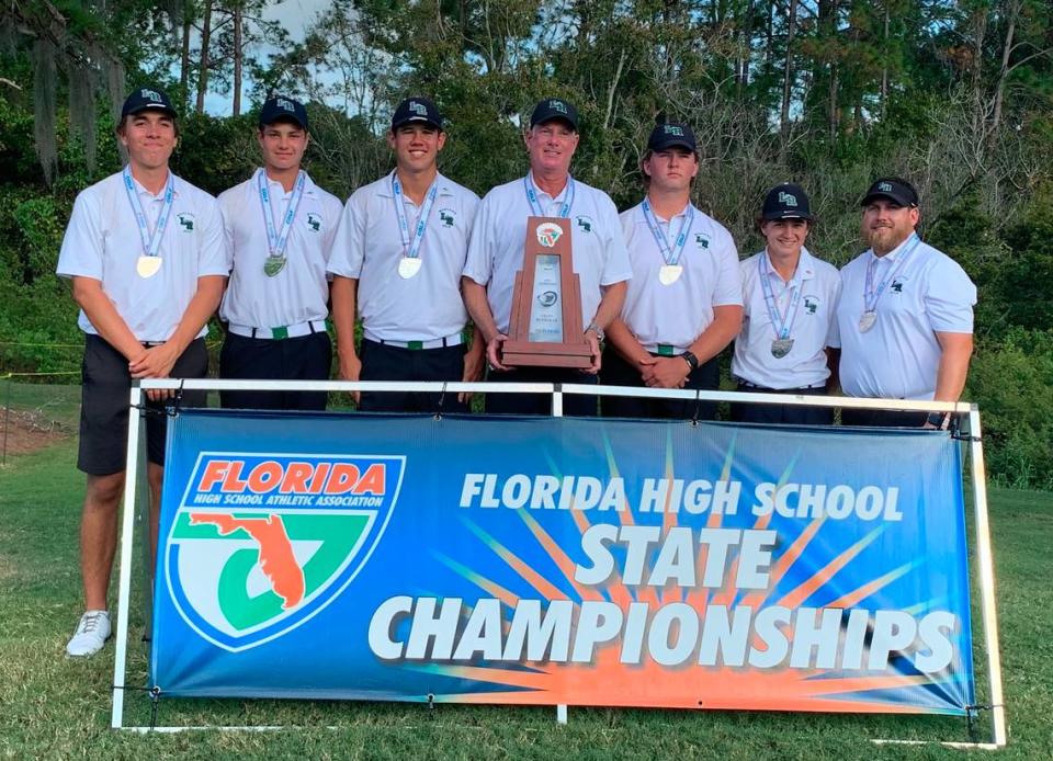 Lakewood Ranch’s boys golf team finished runner-up at the Class 3A state golf tournament held November 10-11, 2023 at Mission Inn Golf and Resort in Howey-in-the-Hills. Pictured from left to right: Luke Wilson, Max Colby Bendixen, Parker Severs, head coach Dave Frantz, Henry Burbee, Josh Orgen, Assistant Coach Brian Ross Photo provided