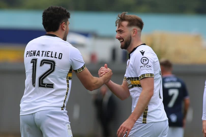 Dumbarton 2-3 Falkirk (29 June 2024, Friendly): Jinky Hilton and Carlo Pignatiello celebrate